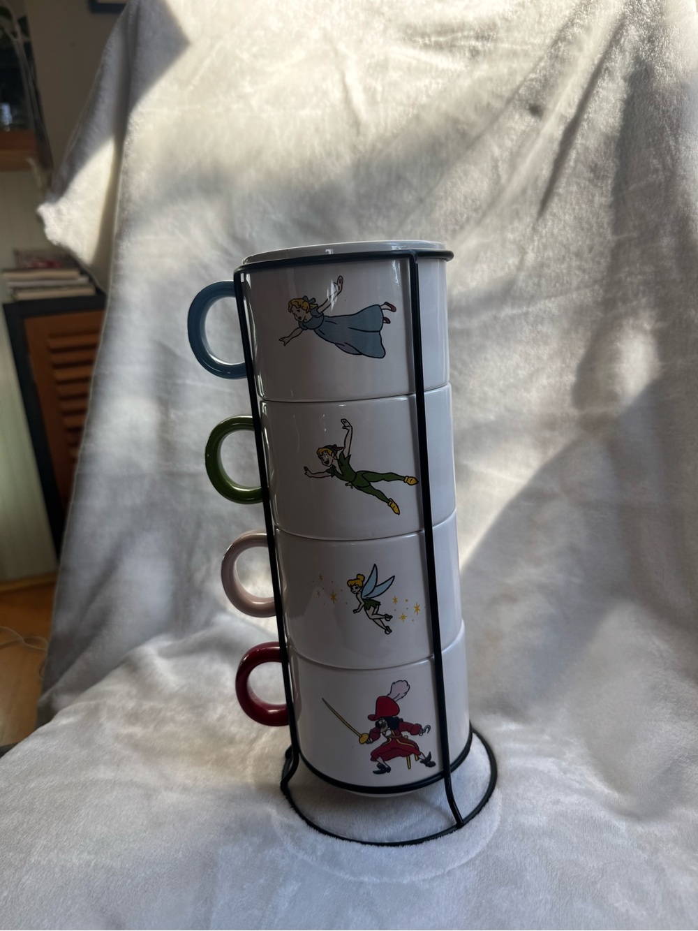 Rae Dunn Disney Peter Pan 4 Mug Stacking Set Wendy Tinker Bell Hook + Rack